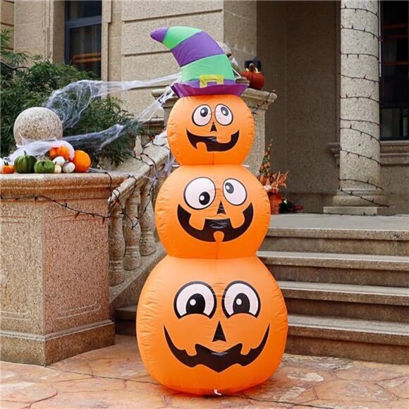 5 FT Halloween Inflatable Stacked Pumpkins w/ Witch Hat - LED Lighted Yard Decor - Picture 3 of 7